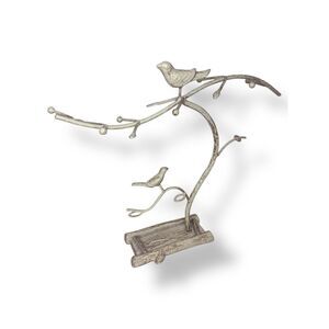 Metal Bird Necklace Jewelry Tree Organizer Display Stand Distressed White